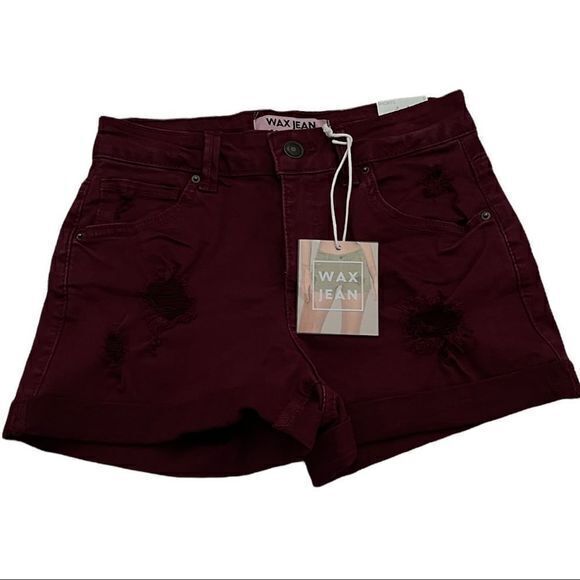 NWT Wax Jean Women's Distressed Rolled Cuff Shorts Burgundy Small‎ - Picture 1 of 5